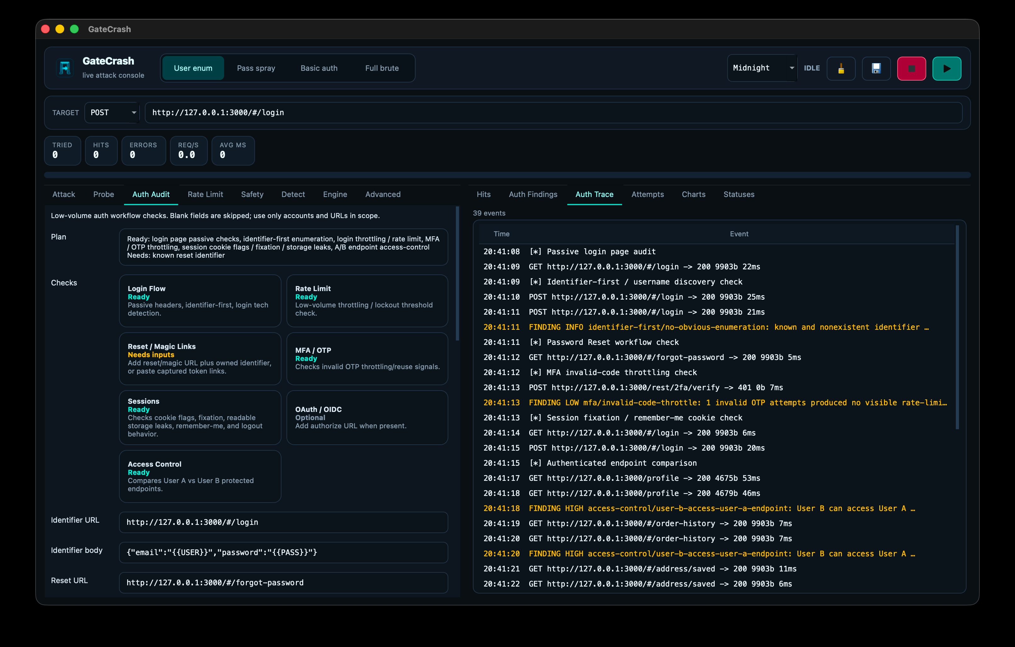 GateCrash Auth Audit tab with auth-flow checks and a live auth trace listing findings