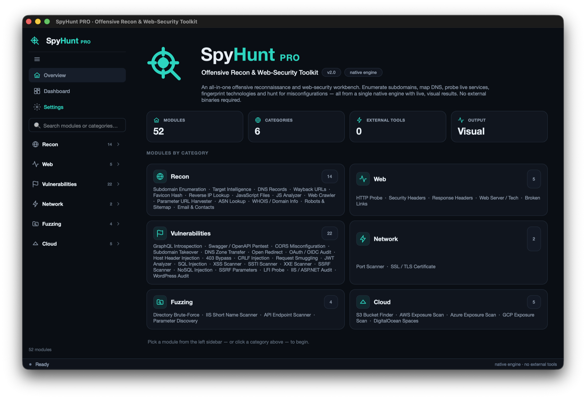 SpyHunt Pro overview showing 55 security modules across six categories